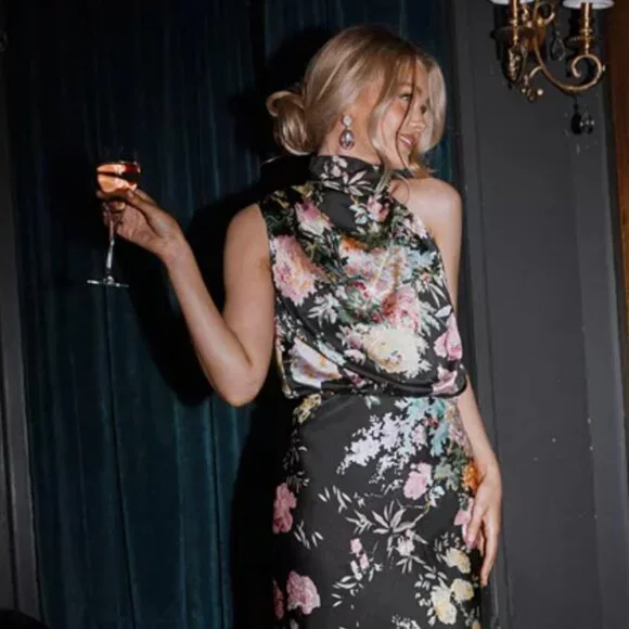 Petal & Pup Women's Anabelle Halter Neck Midi Dress - Black Floral - Picture 5 of 5